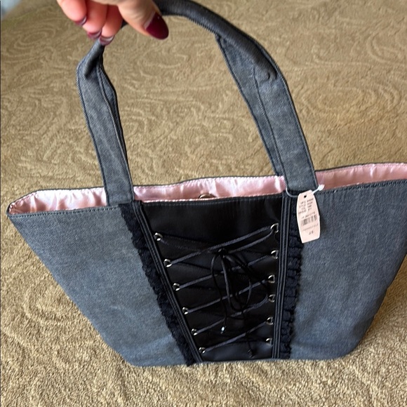Victoria's Secret Handbags - Victoria’s Secret Gray and Black Tote with Corset Lacing